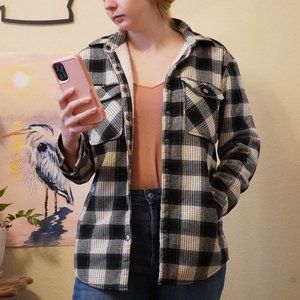 Sherpa Lined Plaid Shacket White Black Striped
